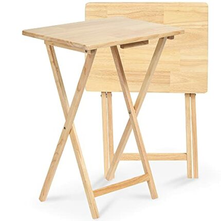 PJ Wood Side Table 2 Set 100% Wood, TV Tray Table, Folding Tables, Snack Table, Coffee Table, Table for Small Space, Living Room, Wood Frame, Nat
