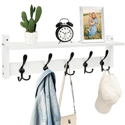 Homode Wall Shelf with Hooks, 24 Inch Coat Rack with Shelf, Farmhouse Entryway Floating Shelf with Tri Hooks, Coat Hanger with Storage for Bathro