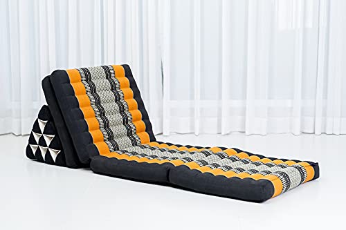 LEEWADEE 4-Fold Mat with Triangle Cushion – Firm TV Pillow, Foldable Mattress with Cushion Made of Eco-Friendly Kapok, 225 x 50 cm, black orange