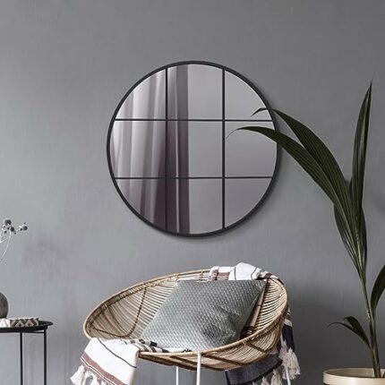 MirrorOutlet The Circulus - Solid Black Metal Framed Window Modern Round Circular Wall Mirror 31" X 31" (80CM X 80CM) Silver Mirror Glass with Bl