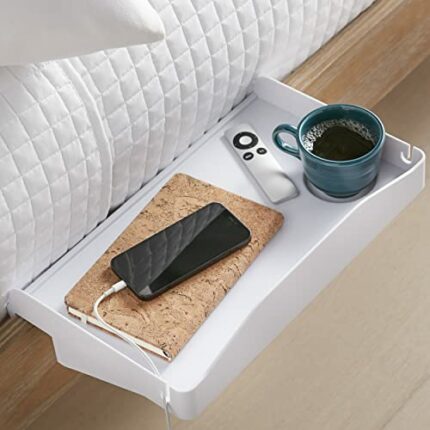 Modern Innovations Bedside Shelf for Bed, College Dorm Room, Bunk Bed Shelf for Top Bunk, Clip On Nightstand Tray with Cord and Cup Holder, Bunkb