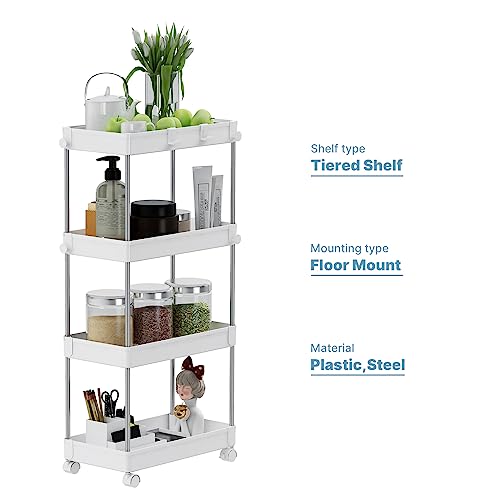 Meerveil Storage Trolley, 4-Tier Storage Rack with Wheels, Multifunctional Suitable for Office Kitchen Bathroom, W22 x D40 x H85cm, White