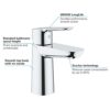 GROHE BauEdge - Smooth Body Single-Lever Basin Mixer Tap (1-Hole Installation, Metal Lever, 28mm Ceramic Cartridge, Water Saving Technology, No W