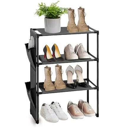 ivaxdayuqan 3-Tier Shoe Rack, Shoe Storage Organizer, Shoe Racks Stand with 2 Side Pockets, Shoe Holder Shelf for Wardrobe Bedroom Closet Under S