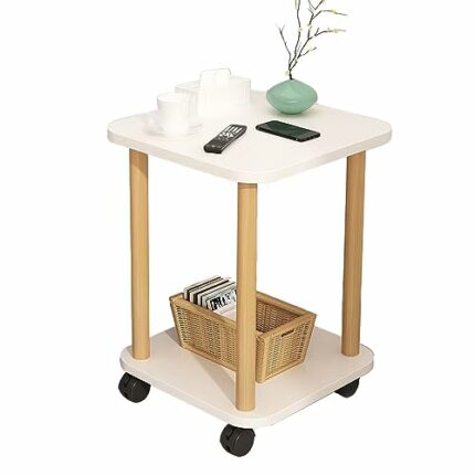 Migfena Small Side Table, 2 Tier Movable Coffee Table with Wheels, Simple Modern Unit Table, Square Sofa Side Tables for Living Room, Bedroom, Of
