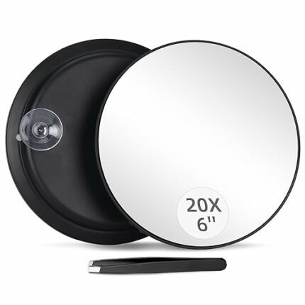 20X Magnifying Mirror and Tweezers Kit, 6 Inch Round Magnifying Makeup Mirror, 20X Magnification Compact Mirror 3 Suction Cups Magnifier Travel S