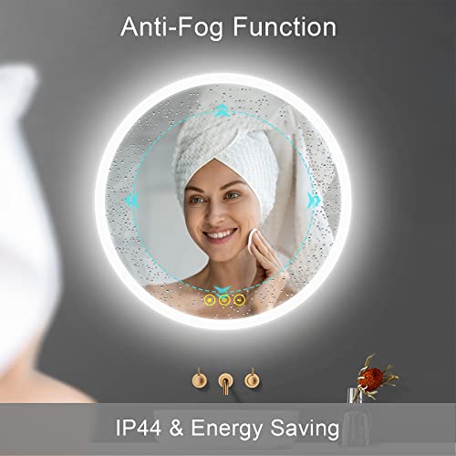 ICYWANG Bathroom LED Mirror Round 60cm Lighted Illuminated Backlit Light Up Mirror with Touch Switch Color Change Anti-Fog Wall Mounted