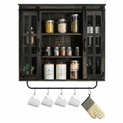 RUSTOWN Farmhouse Bathroom Cabinet Wall Mounted, Rustic Wood Wall Cabinet with Two Sliding Glass Doors and Adjustable Shelf, 3-Tier Vintage Woode