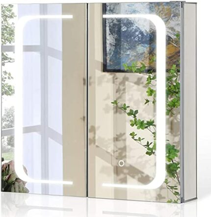 TMEE Bathroom Mirror Cabinet with Illuminated Light and Shaver Socket, Make Up Storage with Adjustable Shelf and Demister Pad, Aluminum Alloy Led