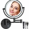 RECKODOR Led Vanity Mirror Wall Mounted Gold 8" Brass Rechargeable Lighted, 1X/5X Magnifying Double Sided Make up Mirror with Light, 360 Swivel E