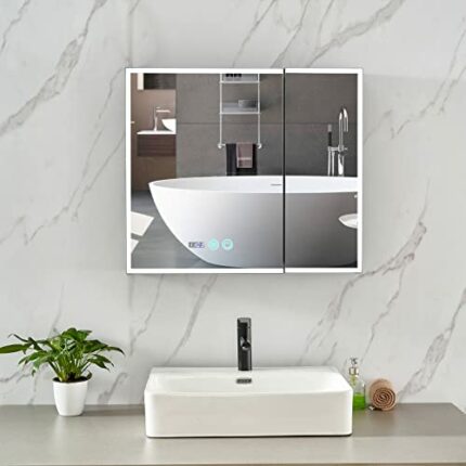 Plumbsys LED Bathroom Mirror Cabinet Black 2 Door With Anti-Fog Demister Pad, Time and temperature display Illuminated Light, HD mirror, 750 x 65