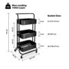 TNAVY 3 Tier Rolling Trolley with Handle, Metal Utility Cart on Wheels, Storage Organizer for Kitchen Laundry Bathroom and Office (Black)
