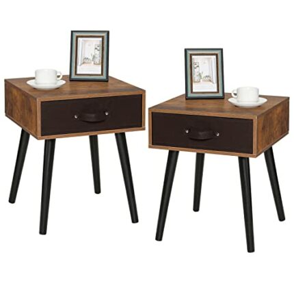 Iwell Mid-Century Nightstand Set of 2, End Table with Drawer, Bedside Table with Wooden Legs, Side Table for Bedroom, Rustic Brown