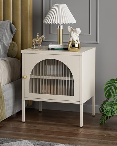 SICOTAS White Night Stand Bedside Table - Modern Nightstand with Cold-Rolled Steel Metal, Corrugated Tempered Glass Door, Storage Shelf, End Tabl