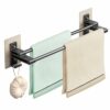 Towel Rail, Black Self Adhesive Towel Holder with Anti Rust Aluminium, 2-Tier Double Rod Towel Shelf Bar with 2 Hooks, No Drilling Towel Storage