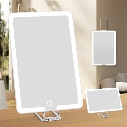 Travel Makeup Mirror with Lights, Rechargeable Vanity Mirror with 360°Stan, 1500mAh Battery LED Lighted Cosmetic Mirror 3-Color Light Modes Dimmi