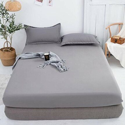 Breathable Lux Bed Sets Solid Color Brushed Mattress Topper, Bedroom Hotel Homestay Aloe Cotton Single Double Bed Sheet Grey 180x200cm