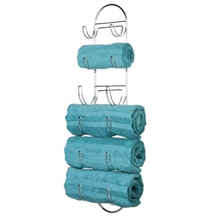mDesign Wall Mounted Towel Storage Rack - Hanging Caddy for The Bathroom or Bedroom - Modern Hanging Hooks for Bathroom Storage - Chrome