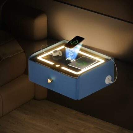 HOMEMORE Smart Nightstand Floating Bedside Table LED Nightstand with Charging Smart Nightstand Bedroom Options for Young People.Blue