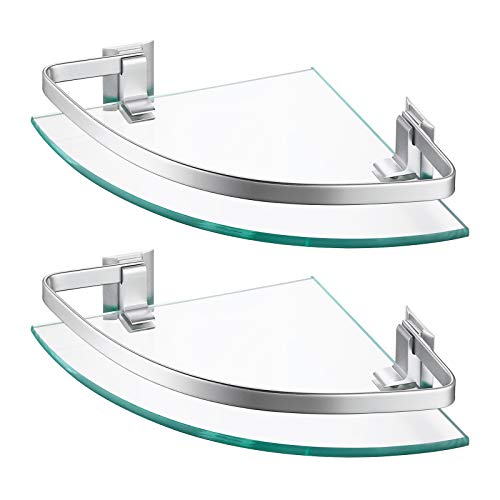 KES Aluminum Glass Bathroom Shelf Shower Corner Shelf Storage Caddy Basket 8MM Extra-Thick Tempered Glass Wall Mounted Silver 2 Pack, A4120A-P2