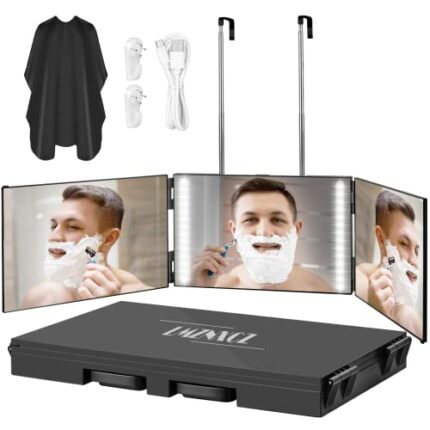 with LED Lights 3 Way Mirror for Self Hair Cutting,360 Haircuts Mirror Men for Barber Use Tools,to See Back of Head,Tri Fold Mirror with Portable