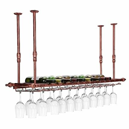 Hanging Wine Rack, Adjustable Metal Ceiling Bar Wine Glass Rack with Glass Holder and Shelf 2-Layer Industrial Wall Mounted Wine and Glass Rack f