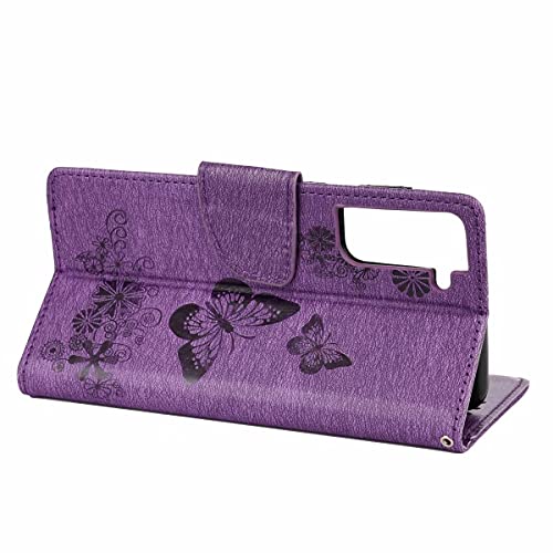 Reevermap Samsung S21 FE Case, Galaxy S21 FE 5G Case, Shockproof Flip Wallet Card Slots PU Leather Embossed Butterfly Stand Magnetic Cover for Sa