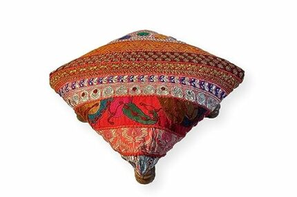 Thorness Classic Brocade, Diagonal Patchwork, Embroidered, Indian Footstool - Red