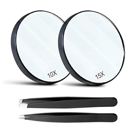 MIVAIUN 4 Pieces Detail Magnifying Mirror and Tweezers Kit Makeup Mirror Suction Cup Mirror Travel Mirror 15X 10X for Makeup Eyebrow Tweezing Mak