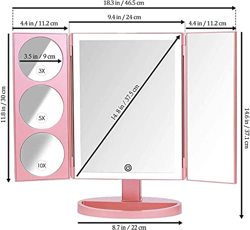 MIRRORVANA XLarge Hollywood Style Trifold LED Lighted Makeup Mirror, Triple 10X, 5X, 3X Magnification & 2 meter Bonus USB Cable (Rose Gold)