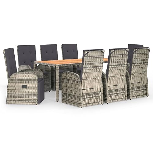 vidaXL Garden Dining Set 9 Piece Outdoor Dining Set Chair and Table Armchair Patio Dinner Table and Chair Grey Poly Rattan and Solid Wood Acacia