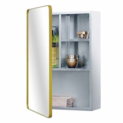 Stainless Steel Mirror Cabinet for bathroom with Golden Framed Door, multi shelves,37x53 cm (15 x 21 inch)