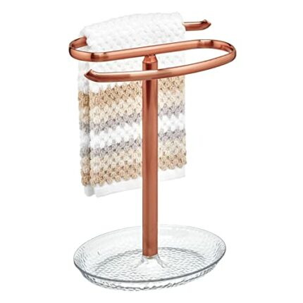 mDesign Towel Holder for Dressing Table – Free-Standing Towel Rail for 2 Towels with Jewellery Tray – Compact Metal Towel Rack – Rose Gold/Clear