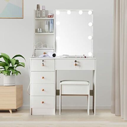 Saihemei Makeup Vanity Dressing Table with Sliding Mirror and Lights, Vanity Desk 3 Lighting Modes Brightness Adjustable with Lots Storage for Be