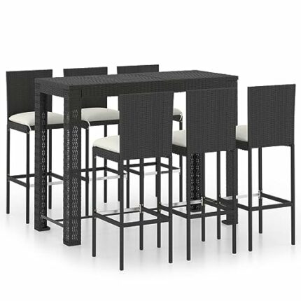 vidaXL Garden Bar Set 7 Piece with Cushions Outdoor Patio Terrace Backyard Furniture Dining Table and Chair Seating Poly Rattan Black