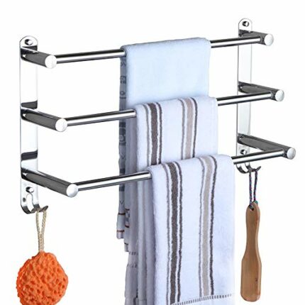 HONPHIER Adjustable Towel Rail 3-Tier Bath Towel Rack SUS 304 Stainless Steel Towel Shelves with Hooks Wall Mounted Towel Holder Towel Bar for Ki