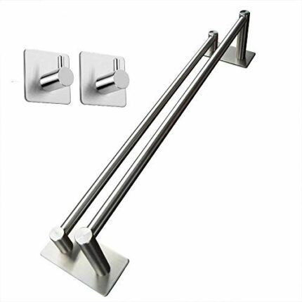 Stainless Steel Self-Adhesive Double-BarTowel Rack, Bath Towel Bar Wall-Mounted, Towel Rack With 2 Hooks-HAINATY