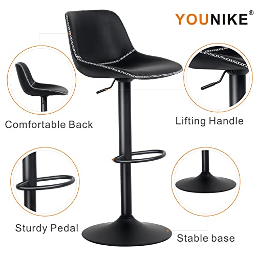 YOUNIKE Bar stools Set of 2, PU Leather Counter Height Bar Stool, Adjustable Hydraulic Swivel Island Bar Stool with Back, Home and Kitchen- Black