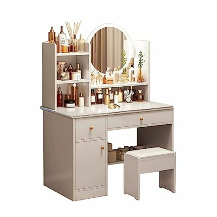 HAWEWE Vanity Desk With LED Lighted Mirror & Stool 31.4inch Vanity Table With Drawers 3 Lighting Brightness Adjustable Dressing Table For Bedroom