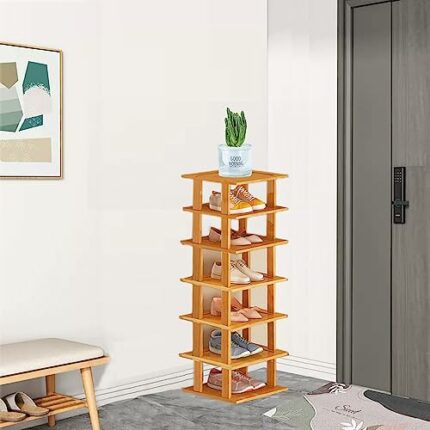 CinYana Bamboo Vertical Shoe Rack for Entryway,Narrow Shoe Rack Stackable,Minimalist Shoe Storage,7 Tier Standing Shoe Organizer for Garage Corne