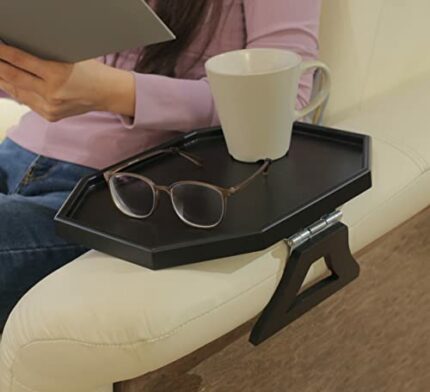 Wooden Sofa Couch Armrest Clip-On Table, Recliner Armrest Organizer Tray for Coffee/Snacks/Electronics (Black)