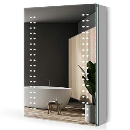 Quavikey® Bathroom Mirror Cabinet with Lights and Shaver Socket Grey LED Medicine Cabinet Wall Mounted with Shelf Demister Dot Lights 500 x 700mm