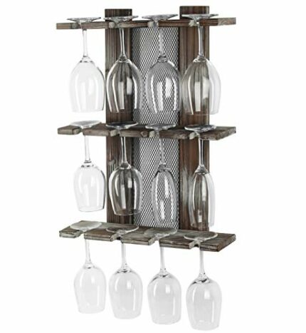 J JACKCUBE DESIGN Wall Mounted Rustic Wood with Insert Wire Mesh, 12 Wine Glasses Holder Rack Stemware Display Drying Storage for Kitchen Home Ba