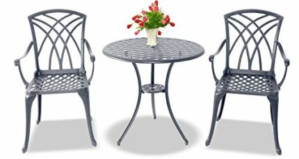 Centurion Supports OSHOWA Luxurious Garden & Patio Table & 2 Large Chairs with Armrests Cast Aluminium Bistro Set Grey