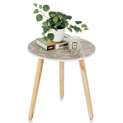 Hanobe Small Round Side Table: Boho Floral End Tables for Living Room Bohemian Accent Bedside Table White Bedroom Nightstand Farmhouse Home Decor