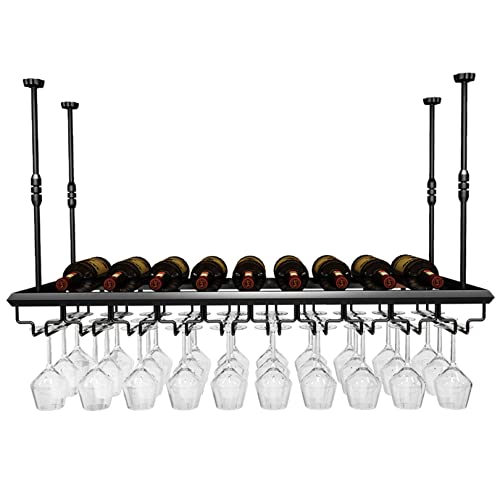 Wine Rack, Hanging Wine Glass Holder, Vintage Wine Bottle Holder Ceiling Decoration, Adjustable Height for Kitchen & Bars (Black,60/80/100/120cm)