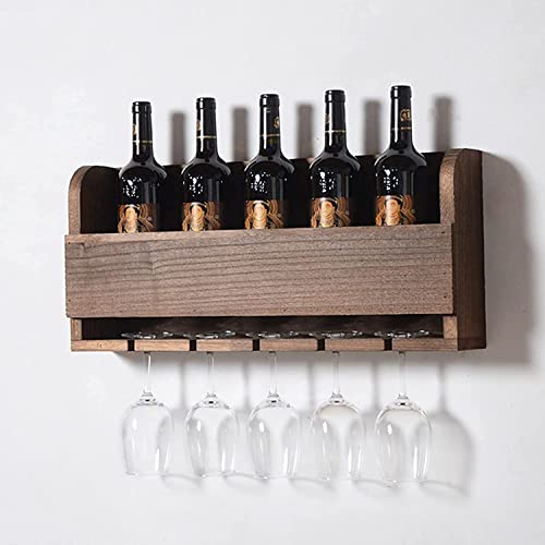 Qunine Wine Rack Wall Mounted Wine Holder Wood, Wine Storage Rack Wine Bottle Holder with Glass Holder Hanging Stemware Racks Bar Wall Wine Decor