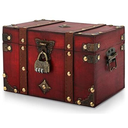 CSPone Pirate Treasure Chest Storage Box Durable Wooden Treasure Chest with Lock Decorative Wood Storage Box Vintage Wood Chest Box Kids Pirate T