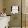 Towel Rail Self Adhesive, JiGiU Towel Holder Hanger 40cm/16inch Triple Towel Shelf bar with 5 Hooks Aluminum Multi-Function Towel Rack Wall Mount