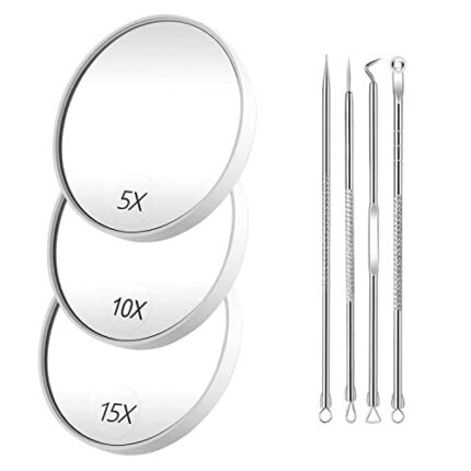 GZGXKJ 7 Pcs Magnifying Makeup Mirror with Suction Cups 5X 10X 15X Compact Travel Magnify Mirror with Black Head Remove Kit for Blackhead Blemish